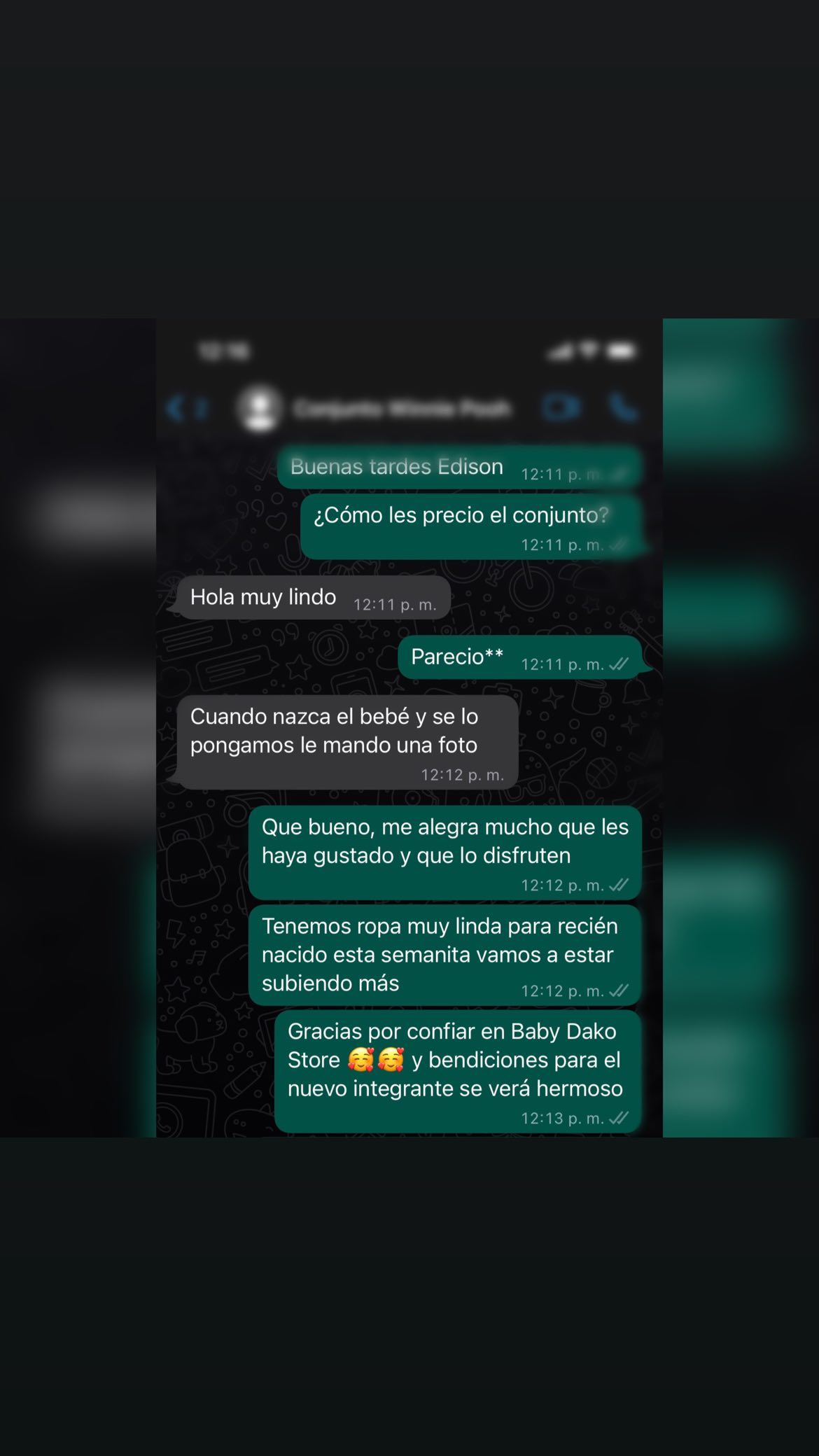 Reseña publicada en el Instagram de Baby Dako Store: una clienta escribe que el conjunto para recién nacido le pareció muy lindo y promete enviar foto cuando nazca el bebé