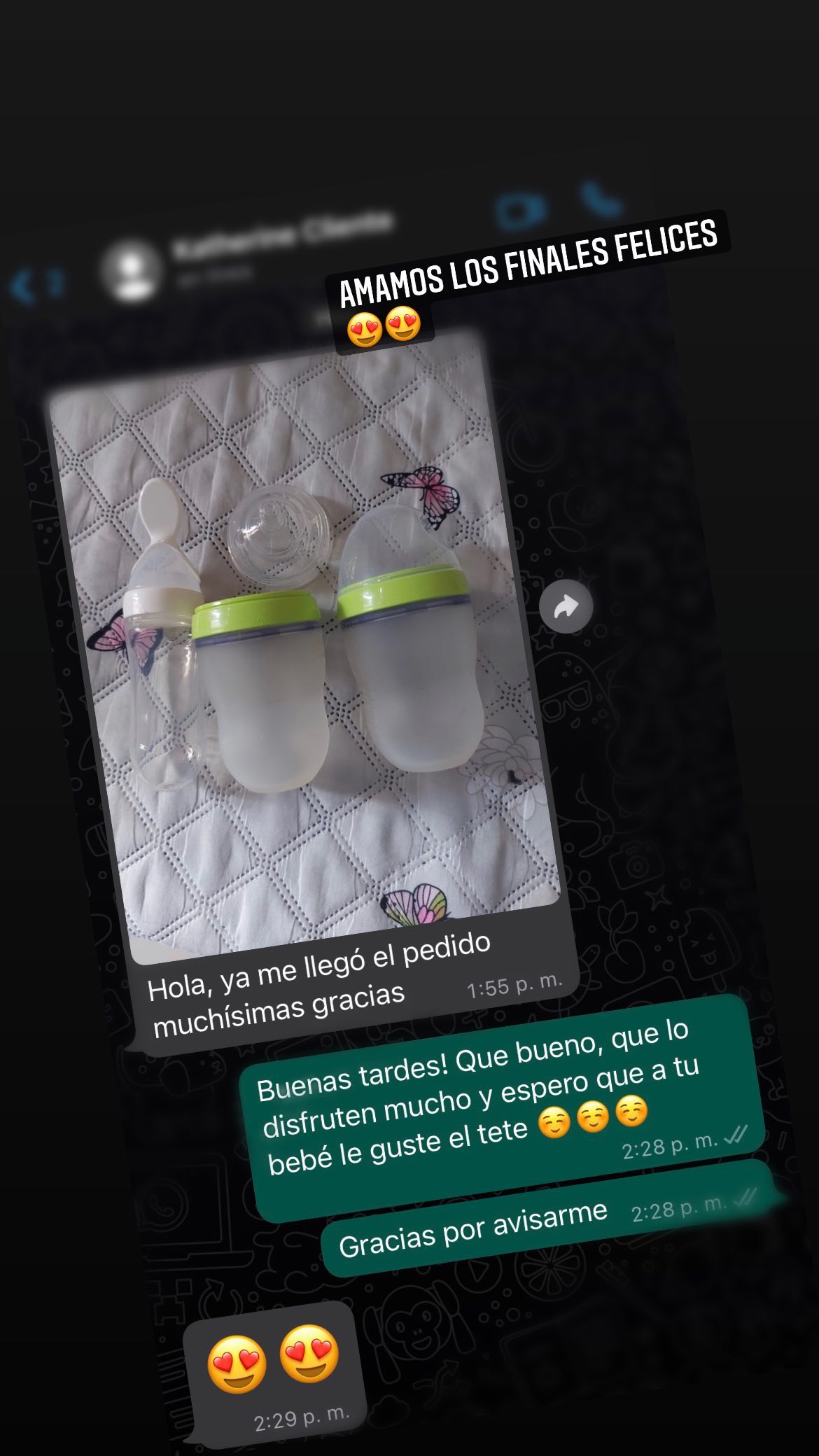 Reseña en Instagram de Baby Dako Store: una clienta comparte la foto de los teteros de silicona que recibió y agradece la entrega del pedido